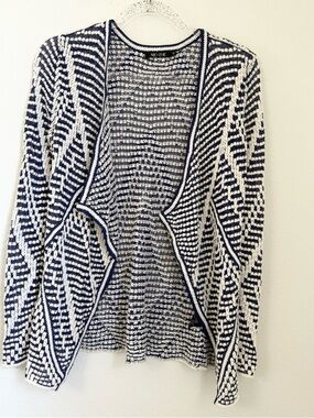 Nic and Zoe M Open Front Cardigan Lightweight Navy White Geometric Texture